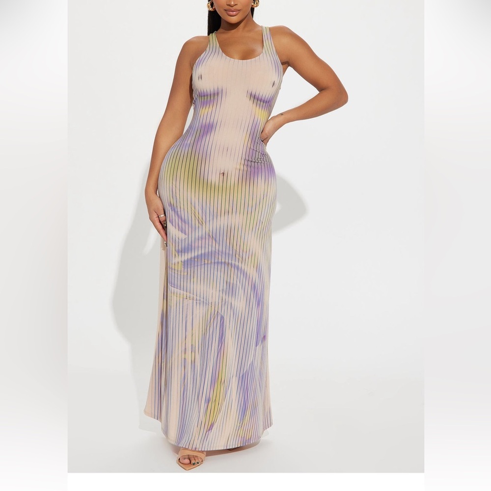 Fashion Nova Beige Maxi Dress with Lavender and Yellow Swirl Print Size S